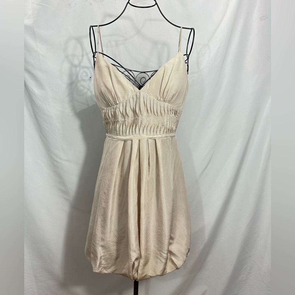 Max and Cleo tan striped bubble hem spaghetti strap mini dress size 6